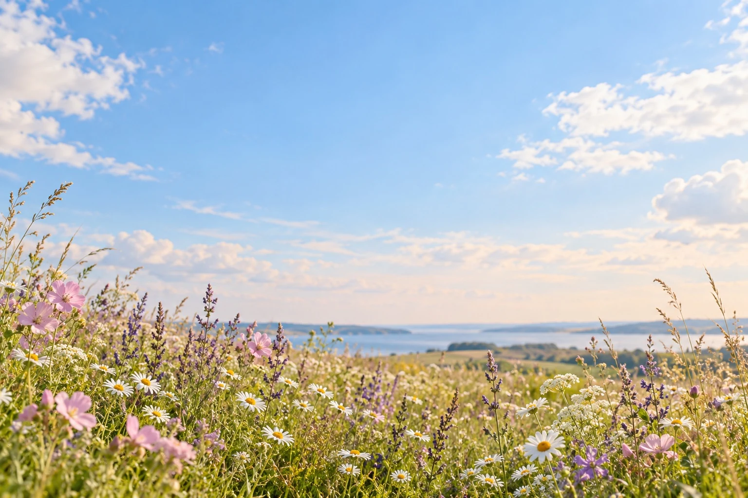 Lys sommerhimmel over en eng med lyserøde, lilla og hvide blomster