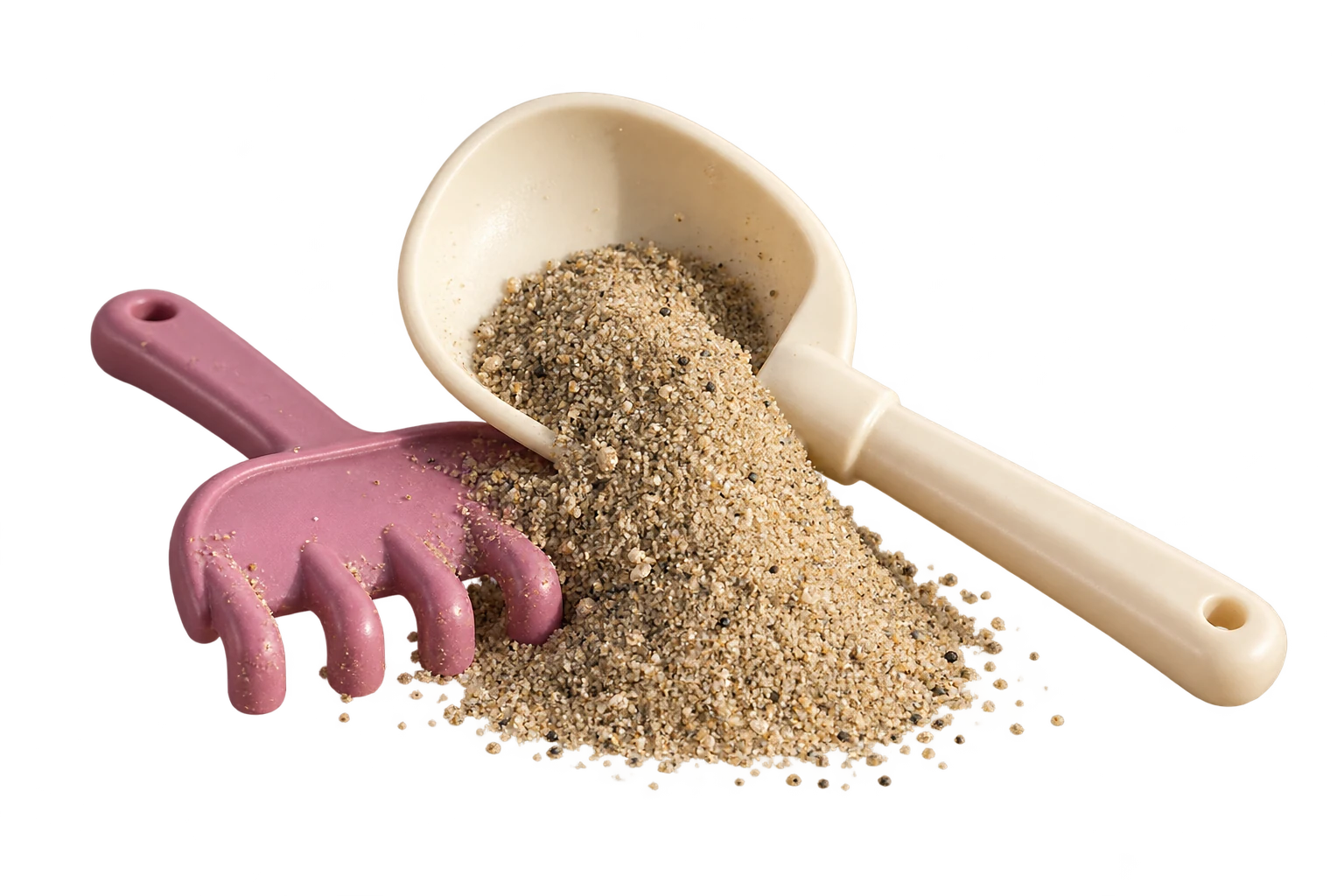 En elfenbenshvid skovl og en rosa rive med sand