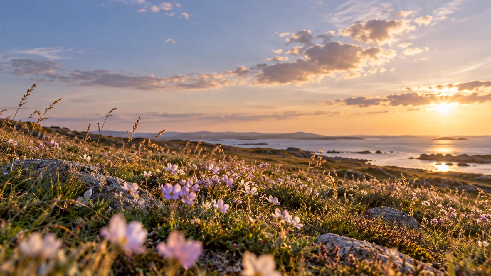 Lilla og hvide blomster ved kysten i varmt sollys