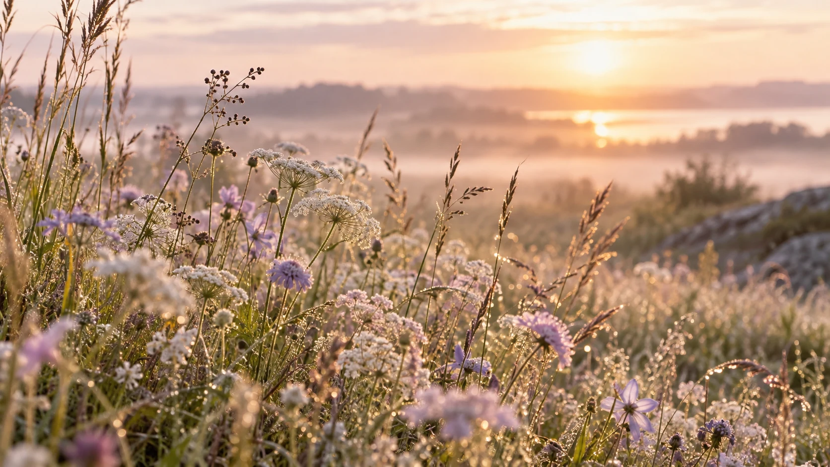 Lilla og hvide blomster i en diset eng ved gylden solopgang